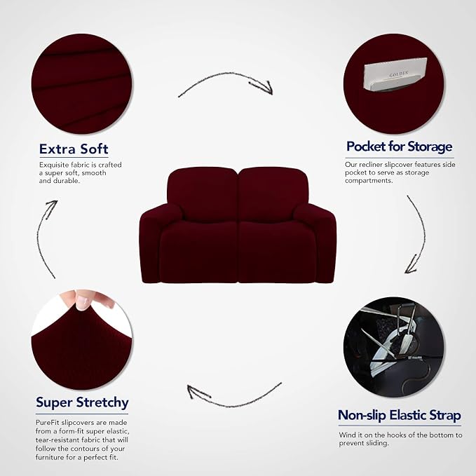 PureFit Super Stretch Loveseat Recliner Sofa Couch Cover with Pocket | 2 Seats Non Slip Soft Sofa Slipcover, Washable Reclining Furniture Protector for Kids, Pets (Recliner Loveseat, Wine)