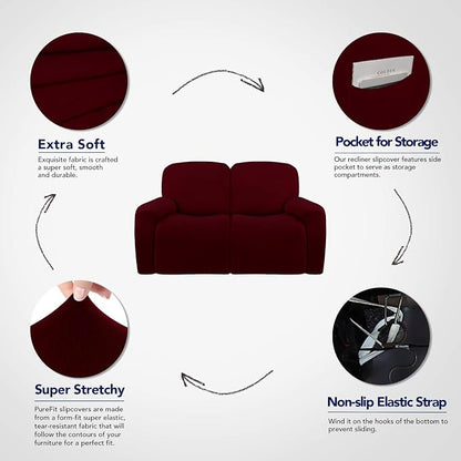 PureFit Super Stretch Loveseat Recliner Sofa Couch Cover with Pocket | 2 Seats Non Slip Soft Sofa Slipcover, Washable Reclining Furniture Protector for Kids, Pets (Recliner Loveseat, Wine)