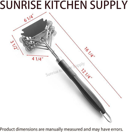 SUNRISE High Grade Stainless Steel BBQ Grill Brush with Scraper, Bristle Free, Extra Strong 3 Rows Brush Head, Bristle Free Design