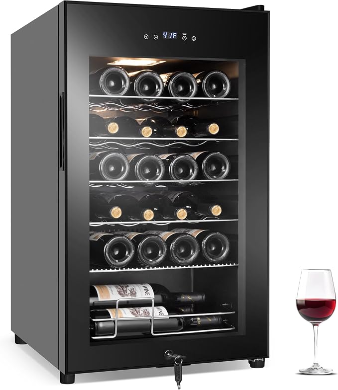 FoMup Wine Fridge 24 Bottles, Small Wine Cooler Refrigerator Freestanding with Digital Temperature Control Safety Lock, Frost Free for Red White Wine, Champagne