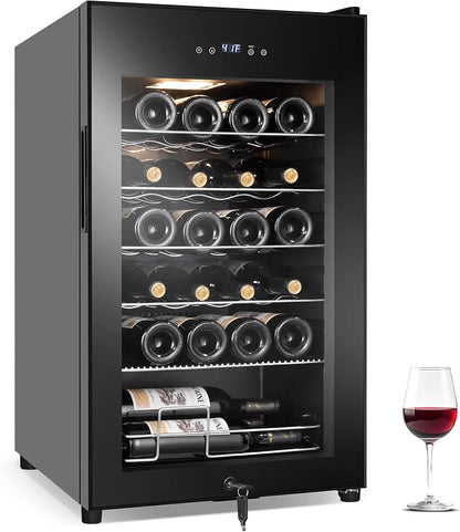 FoMup Wine Fridge 24 Bottles, Small Wine Cooler Refrigerator Freestanding with Digital Temperature Control Safety Lock, Frost Free for Red White Wine, Champagne