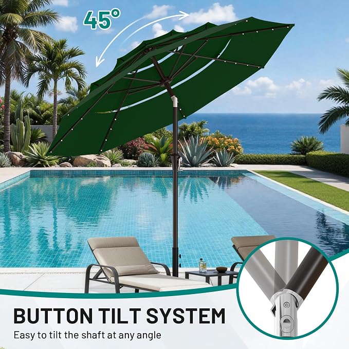 AreShark 9ft 3 Tiers Patio Umbrella with Solar Lights, Outdoor Umbrella w/ 32 LED Lights&8 Sturdy Ribs, Table Umbrella for Deck, Backyard, Pool (Dark Green)