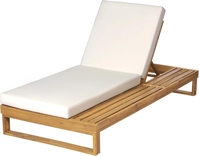 Merax Teak Finish Acacia Wood Chaise Lounge with 4-Inch Cream 2-Fold Cushion Set, 4-Position Adjustable Outdoor Patio Lounger with Flat Side Surface, for Poolside