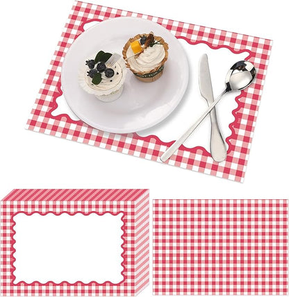 Eaasty 100 Pcs Disposable Red Gingham Paper Placemats Summer Checkered Picnic BBQ Paper Table Place Mat Double Sided for Baby Showers Wedding Birthday Tea Parties Dinner Table Decorations