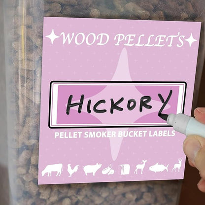 12PCS Smoker Grill Pellets Label Stickers for Wood Pellet Storage Containers Pellet Storage Bucket, Smoker Grill Wood Pellet Labels, 5.1”x 5.1”Easy to Identify Different Pellets & Food Recommendations