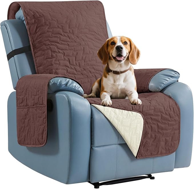 CUCRAF Non Slip Quilted Sofa Cover, Water Resistant Slipcover Furniture Protector for 1 Cushion Sofa Pet Friendly, Washable Couch Cover with Adjustable Elastic Straps (Small Chair, Coffee)