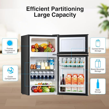 Kismile 2.6 Cu.Ft Mini Fridge with Freezer for Bedroom & Office, Silver | Compact Refrigerator with 2 Reversible Doors, 3-level Adjustable Thermostat, Removable Shelves & Interior Light for Dorm