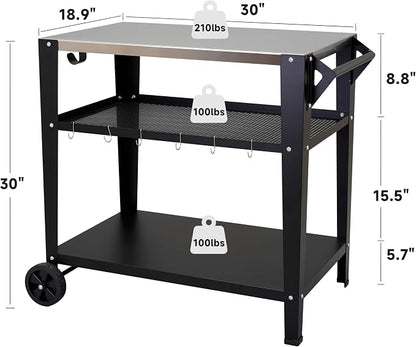 LEETOLLA Stainless Steel Outdoor Grill Cart with Wheels, Heavy-Duty 3-Tier BBQ Prep Table for Pizza Oven, Griddle, Patio – Rustproof Commercial Kitchen Cart with Tool Hooks