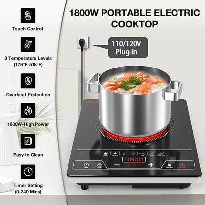 VBGK Single Burner Electric Cooktop,1800W Electric Stove Top Portable Cooktop LED Touch Control,8 Power Levels, Kids Lock