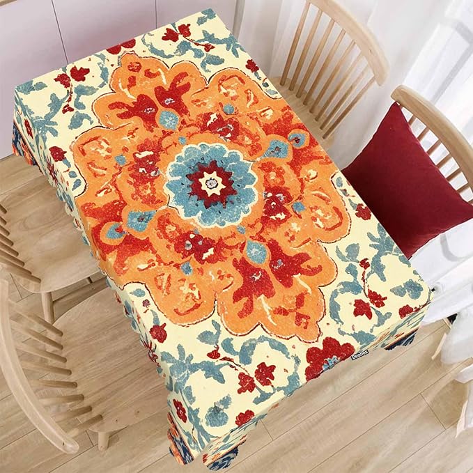 Carpet Boho Table Cloth Rectangle Table 52"X70", Ethnic Southwest Persian Style Rug Orange Wipeable Table Cover for Dinner Kitchen, Outdoor Tablecloth for Party Banquets Weddings