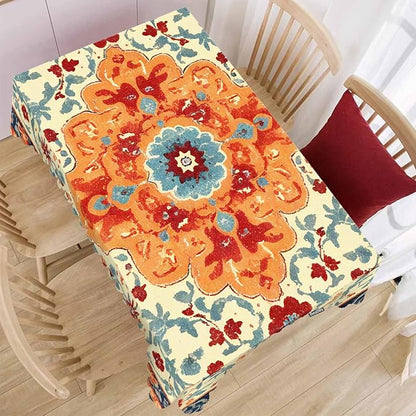 Carpet Boho Table Cloth Rectangle Table 52"X70", Ethnic Southwest Persian Style Rug Orange Wipeable Table Cover for Dinner Kitchen, Outdoor Tablecloth for Party Banquets Weddings