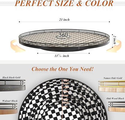 AMH 21-Inch Black and White Checkerboard Lazy Susan Decorative Tray | Smooth rotating oak tray with walnut finish for dining tables, kitchen counters, pantries and cabinet storage.