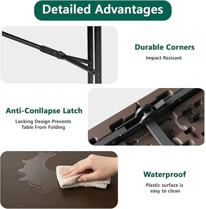 Folding Table 5FT Heavy Duty Plastic Table with Handle, Foldable&Portable, Fold-in-Half Utility Tables for Outdoor, Dining, Wedding, Events, Indoor, Picnic, Camping, Party, Brown
