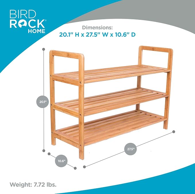 BIRDROCK HOME Bamboo Shoe Rack Organizer for Entryway, Closet, or Front Door - Stackable Wooden Storage Shelf for Small Spaces, Indoor or Outdoor, Decorative Brown Madera - Elegant, Simple - 3 Tier