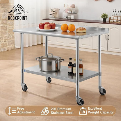 ROCKPOINT All Stainless Steel Prep Table with Caster & Backsplash 30x48 Inch，Commercial Heavy Duty Workbench with Stainless Legs & Adjustable Undershelf,840 lb Capacity for Outdoor Kitchens with Wheel