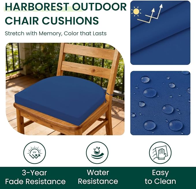 HARBOREST Outdoor Chair Cushions Set of 2, Water Resistant Patio Chair Cushions with Ties, Outdoor Seat Cushions for Patio Furniture, 17"x16"x2", Royal Blue