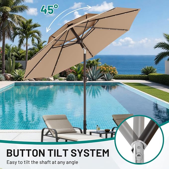 AreShark 9ft 2 Tiers Patio Umbrella with Solar Lights, Outdoor Umbrella w/ 32 LED Lights&8 Sturdy Ribs, Table Umbrella for Deck, Backyard, Pool(Beige)