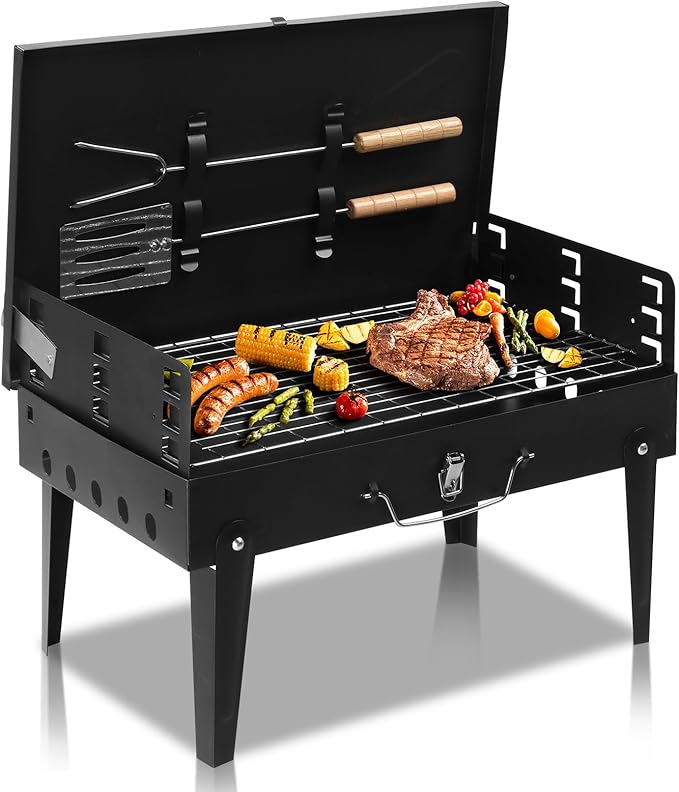 Black Charcoal BBQ Grill Grill, Portable Grill, Barbecue Charcoal Grill for Outdoor Camping Picnic Patio Backyard Cooking，Tabletop BBQ for Indoor/Outdoor, Barbecue Desk Tabletop Outdoor