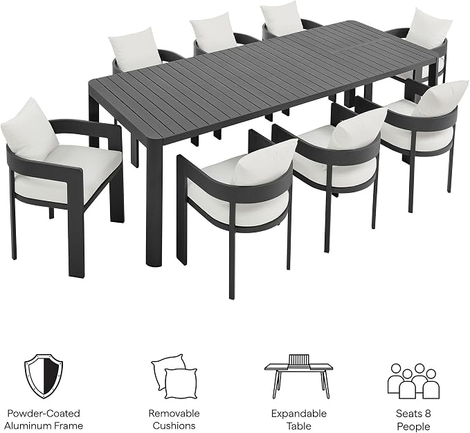 Modway Tahoe Aluminum 9-Piece Patio Dining Set in Gray White