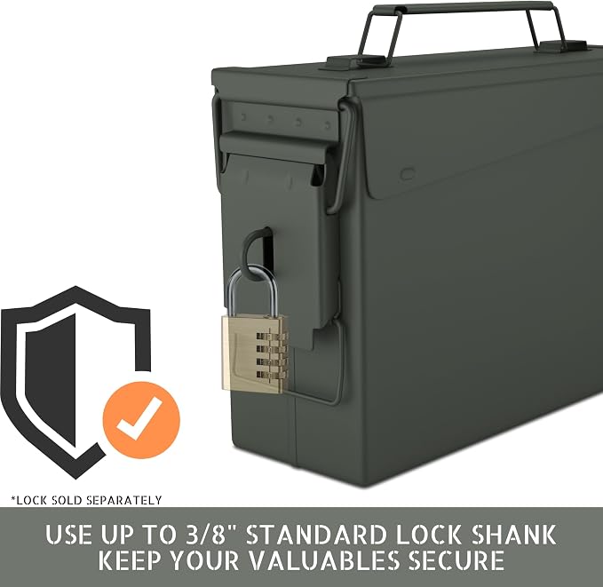 Lockable Metal Ammo Storage Box - Military & Army Steel Ammo Can for Ammunition Storage - Waterproof Ammo Crate Utility Box