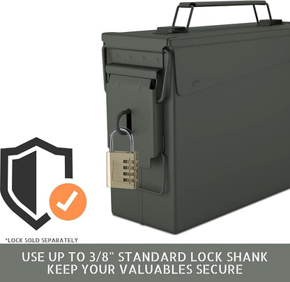Lockable Metal Ammo Storage Box - Military & Army Steel Ammo Can for Ammunition Storage - Waterproof Ammo Crate Utility Box