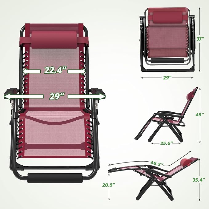 ZENPETIO 29In XL Zero Gravity Chair, 440LBS with Cushion | Anti Gravity Recliner Lounge Chair with Aluminum Alloy Lock & Footrest, 90-170° Adjustable, for Lawn Patio Indoor Outdoor