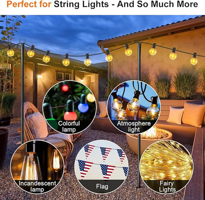 6 Pack String Light Poles for Outside, Upgraded Heavy-Duty Metal Poles for Outdoor String Lights with Fork, Adjustable Lighting Hanging Accessories for Patio Decor Pergola Backyard Garden Decorations