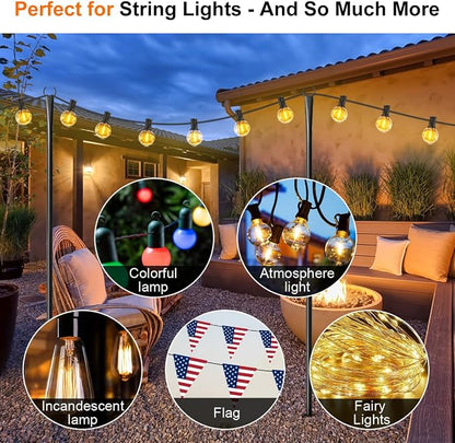 8 Pack String Light Poles for Outside, Upgraded Heavy-Duty Metal Poles for Outdoor String Lights with Fork, Adjustable Lighting Hanging Accessories for Patio Decor Pergola Backyard Garden Decorations