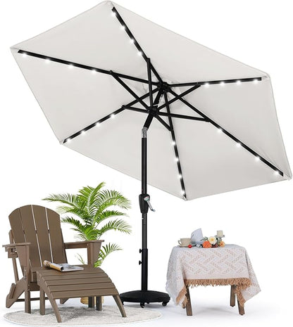 MASTERCANOPY 7.5FT 6Ribs Patio Umbrella with 32 Solar LED Lights, Outdoor Market Umbrella with Tilt & Crank, UV Protection & Fade Resistant Fabric, Easy Set-Up for Garden, Deck, Pool (Light Beige)