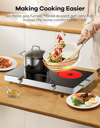2 Burner Electric Cooktop 110V, Hot Plates Electric with Carry Handle, Ceramic Cooktop for Home, VR, 1800W Touch & Knob Control Timer, Safety Lock (Black)