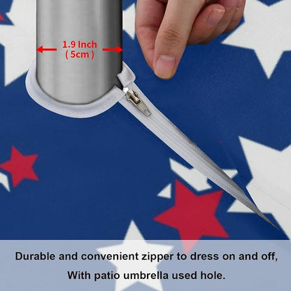 Patriotic Star Round Tablecloth 60" Waterproof Spillproof Polyester Fabric Table Cover with Zipper Umbrella Hole for Outdoor Patio Garden Dining Party