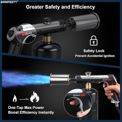 Powerful Propane Torch Gun with One-Tap Max Power & Safety Lock, Adjustable Flame Up to 3,272°F for BBQ, Searing, Camping, Weeding & DIY (Tank Not Included)