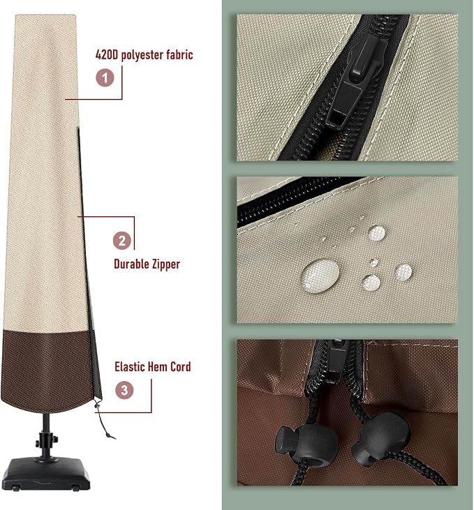Patio Umbrella Cover Outdoor Umbrella Cover with Rod Waterproof Durable 600D Polyester Fabric Patio Parasol Umbrella Cover for 7 ft to 11 ft Outdoor Umbrella (Beige&Brown)