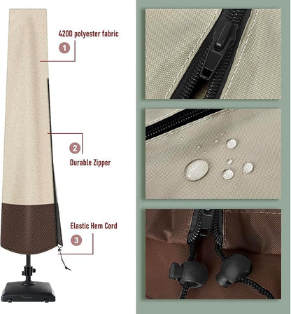 Patio Umbrella Cover Outdoor Umbrella Cover with Rod Waterproof Durable 600D Polyester Fabric Patio Parasol Umbrella Cover for 7 ft to 11 ft Outdoor Umbrella (Beige&Brown)