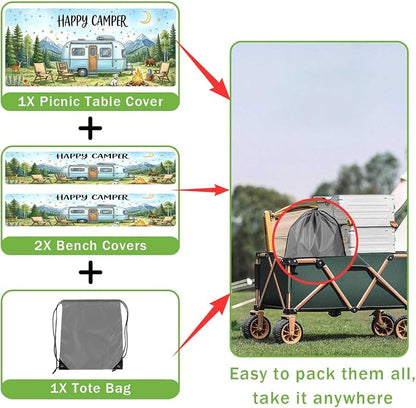 JAWO Happy Camper Picnic Table Cover with Bench Covers, Camper RV Essentials Gear Supplies Outdoor Waterproof Windproof Tablecloth with Elastic, 30X96in