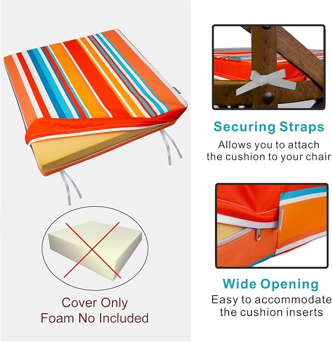 NettyPro Patio Chair Seat Cushion Covers Set 4 Water Repellent UV Resistant Outdoor Furniture Cushion Slipcover with Zipper and Tie, 22 x 20 x 4 Inch, Stripes Multicolor