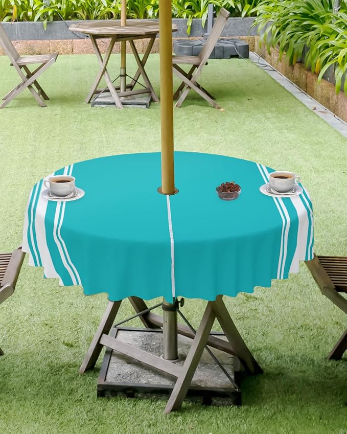 QueenKer Outdoor Tablecloth with Umbrella Hole, Farmhouse Aqua White Stripe Round Tables Waterproof Tabletop Collection for Patio, Garden, Picnic, Camping, Dining 60R