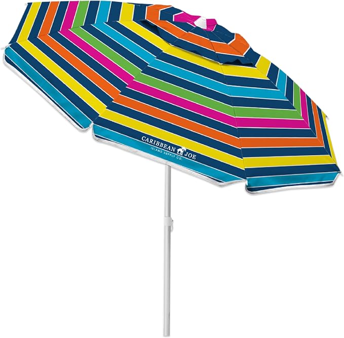 Caribbean Joe Beach Umbrella, Portable and Adjustable Tilt Sun Umbrella with UV Protection, Vented Canopy, Full 6.5 ft Arc