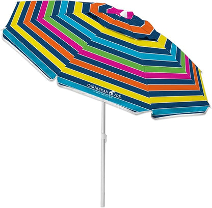 Caribbean Joe Beach Umbrella, Portable and Adjustable Tilt Sun Umbrella with UV Protection, Vented Canopy, Full 6.5 ft Arc