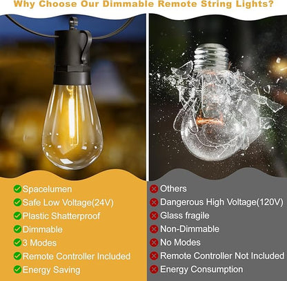 15M LED Outdoor String Lights Patio Dimmable Hanging Light with Remote, Waterproof Shatterproof Edison Bulbs, 3 Modes Outside Lighting Connectable for Graden Porch Backyard Balcony Deck