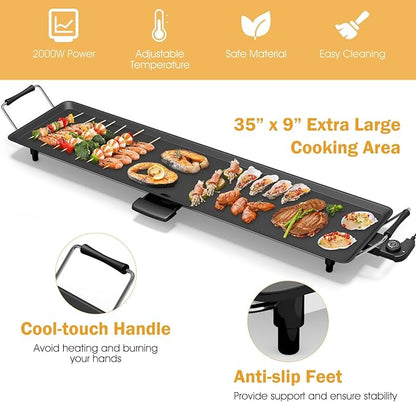 35 Inch 2000W Nonstick Electric Teppanyaki Grill | with Adjustable Temperature & Drip Tray,for Pancake Barbecue,Even heat tube,overheat guard,detachable grease tray