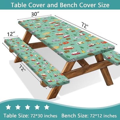 Picnic Table Cover with Bench Covers and Bag, Camping Rv Essentials, Waterproof Windproof Fabric, Fitted Tablecloth Cover with Elastic Edge, 3 PCS, 30x72 Inch, Green