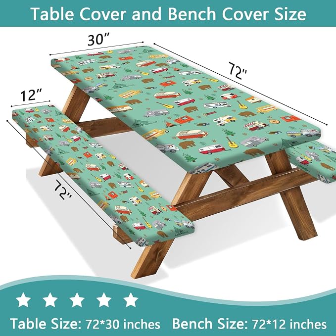 Picnic Table Cover with Bench Covers and Bag, Camping Rv Essentials, Waterproof Windproof Fabric, Fitted Tablecloth Cover with Elastic Edge, 3 PCS, 30x96 Inch, Green