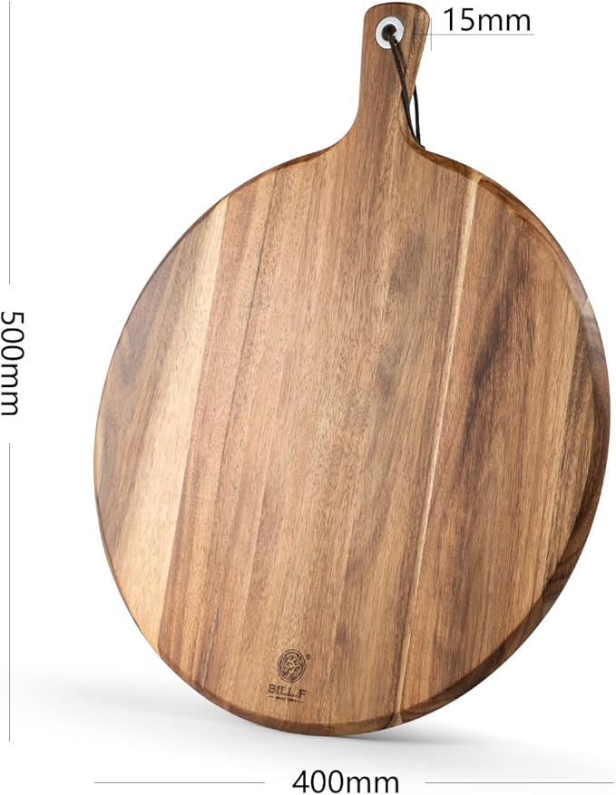 BILL.F Wood Pizza Peel 16 Inch,16" Acacia Wood Round Cutting Board with Handle Pizza Board for Kitchen Charcuterie Decorative Board