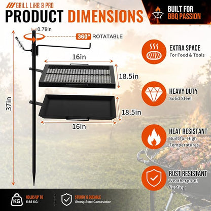 18.5" x 16" Fire Pit Campfire Grill Grate, Portable Open Fire Cooking Grill Grate Round Camping Cooking Barbecue Rack Heavy-duty, Easy Setup & Adjustable Height for Outdoor Camping BBQ