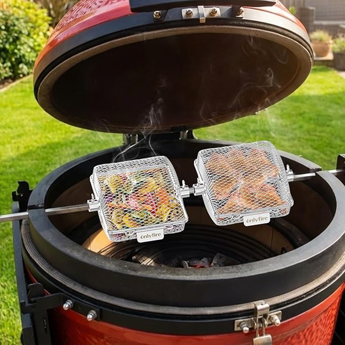 onlyfire Stainless Steel Rotisserie Basket Kit for Any Gas Grill, Cooking Various Foods at the Same Time, Set of 2