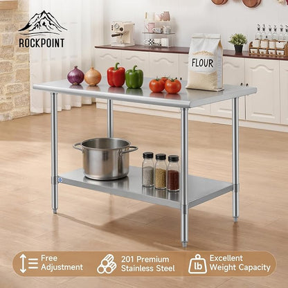 ROCKPOINT All Stainless Steel Table for Perp & Work 30x48 Inch,Commercial Heavy Duty Workbench with Stainless Legs & Adjustable Undershelf, 840 lb Capacity for Restaurant,Home and Outdoor Kitchens