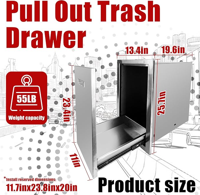 Outdoor Kitchen Single Trash Drawer 13.4'' W x 25.7'' H x 19.6'' D Pull Out Stainless Steel Bin Drawer Built-in Trash Drawers with Handle Suitable for Outdoor Kitchen Island Patio Grill Station