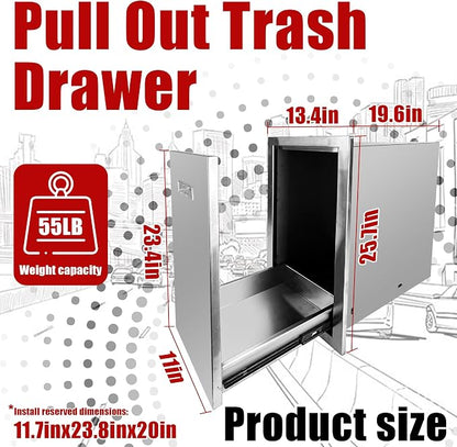 Outdoor Kitchen Single Trash Drawer 13.4'' W x 25.7'' H x 19.6'' D Pull Out Stainless Steel Bin Drawer Built-in Trash Drawers with Handle Suitable for Outdoor Kitchen Island Patio Grill Station
