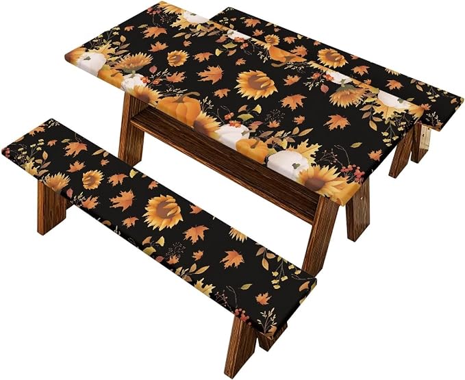 Thanksgiving Pumpkin Sunflower Outdoor Picnic Table Cover Thanksgiving 3 PCS Set Fitted Picnic Table Cover for Outdoor Camping